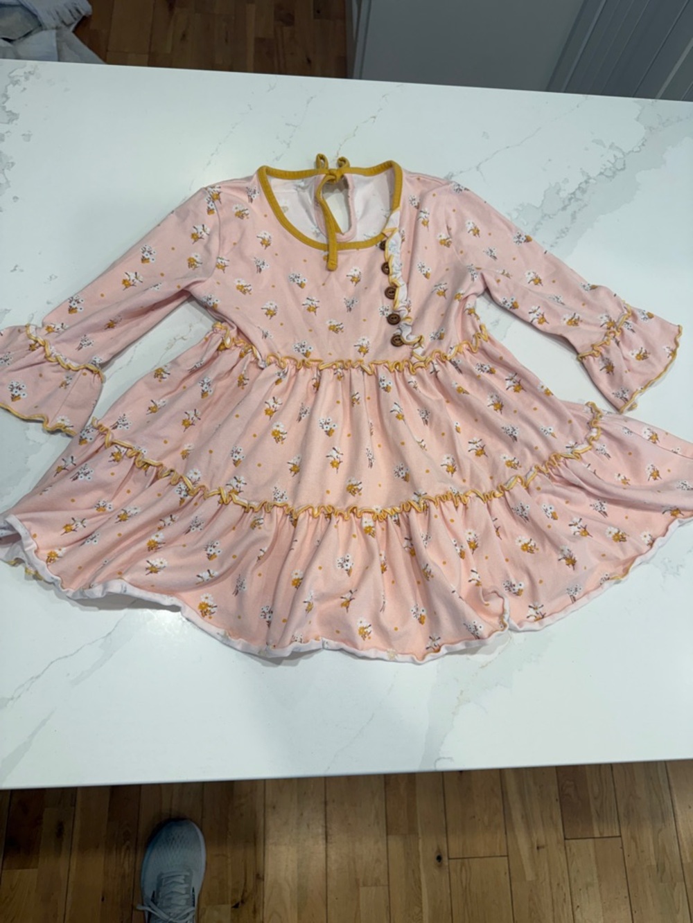 Toddler Pink Floral Ruffle top with Mustard Trim